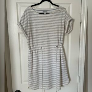 TOMMY BAHAMA Amira Stripped Drawstring Mini Dress Short Sleeve Large Gray/White